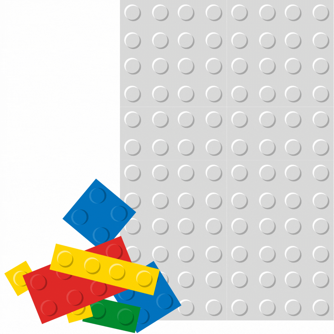animated gif of different color and shape lego blocks being arranged on a lego sheet to resemble a website layout