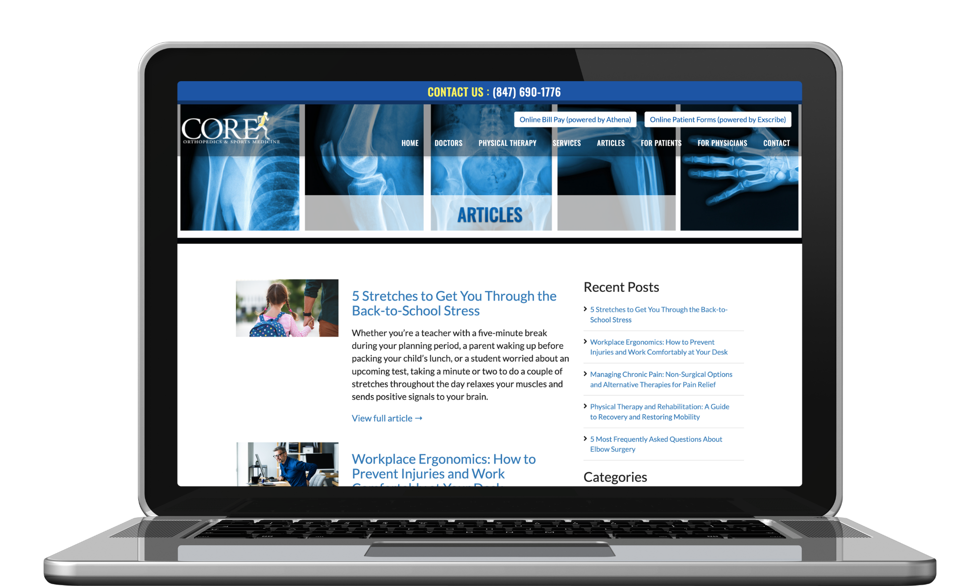 CORE Orthopedics "Resilience in Motion" article category page on a laptop screen